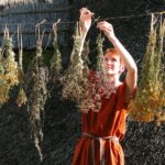 Eine Person in einem braunen Kleid hängt Kräuter- und Pflanzensträuße zum Trocknen auf eine Wäscheleine an einer Strohwand.