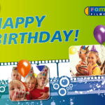 Bunte „Happy Birthday!“-Grafik mit Luftballons, Kindern mit Partyhüten und einem „Family Film Club“-Logo in der oberen rechten Ecke.