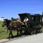 Eine Pferdekutsche mit zwei Personen fährt auf Gleisen neben einer Wiese und Gebäuden unter einem klaren blauen Himmel.