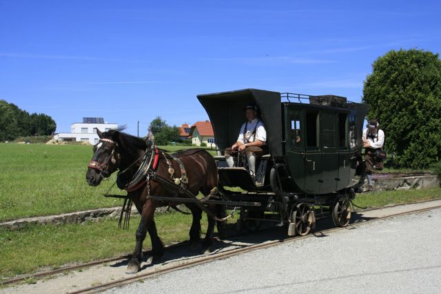Eine Pferdekutsche mit zwei Personen fährt auf Gleisen neben einer Wiese und Gebäuden unter einem klaren blauen Himmel.