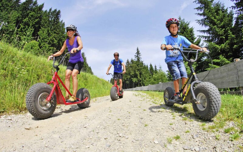 Drei Personen mit Helmen fahren an einem sonnigen Tag auf einem von Gras und Bäumen umgebenen Kiesweg mit einem Geländemotorroller.