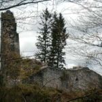 Ruinen eines alten Steingebäudes mit einem hohen, bröckelnden Turm, umgeben von Bäumen und unter einem bewölkten Himmel.