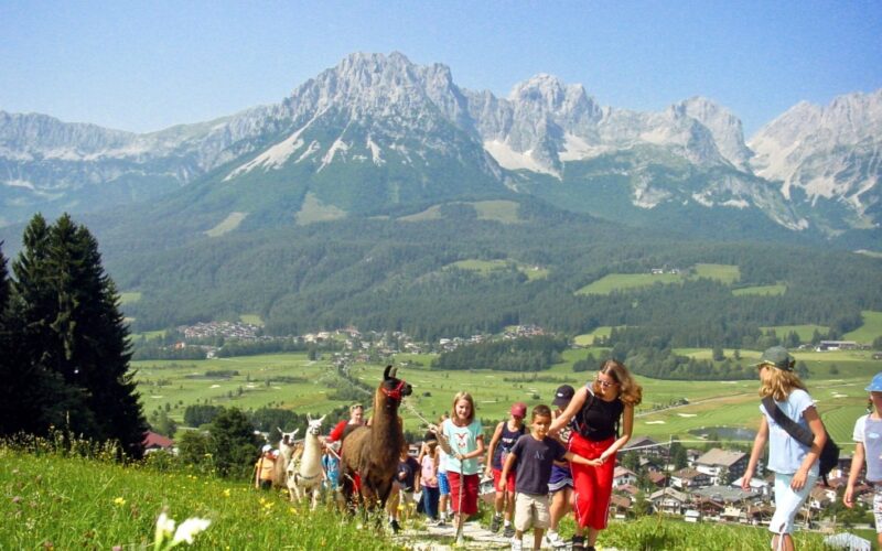 Eine Gruppe von Menschen, darunter auch Kinder, geht mit Lamas auf einem Weg in einer bergigen Landschaft mit grünen Feldern und einem Dorf zu Füßen.
