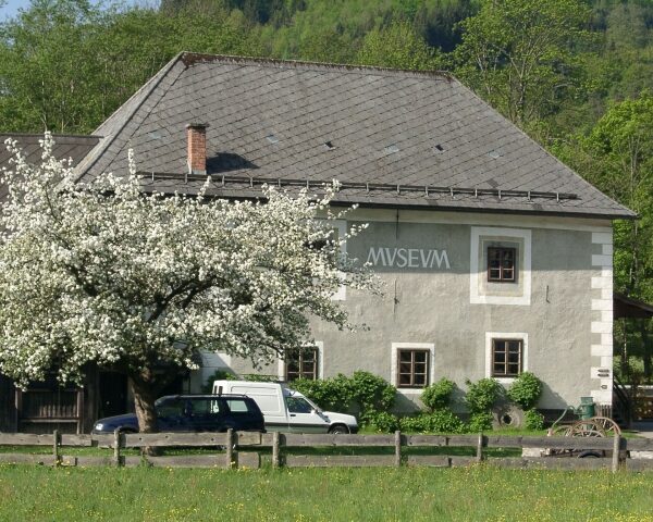 Ein graues Gebäude mit der Aufschrift "MUSEUM", davor ein blühender Baum, ein geparktes Auto und ein Lieferwagen sowie ein Holzzaun auf einer Wiese.