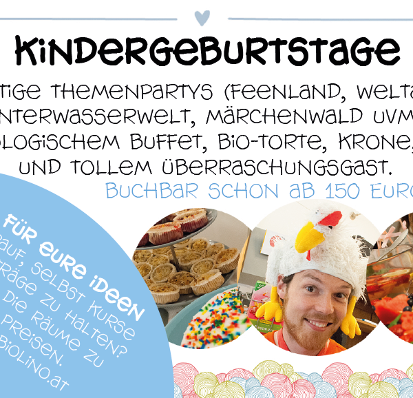 Bunte Werbegrafik für Kindergeburtstage mit Themenpartys und Bio-Buffet; kleiner Kreis zeigt einen Mann mit Hühnermütze und Geburtstagstorte.