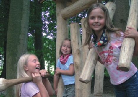 Drei junge Mädchen spielen und lächeln auf einem hölzernen Klettergerüst in einem Park mit Bäumen im Hintergrund.
