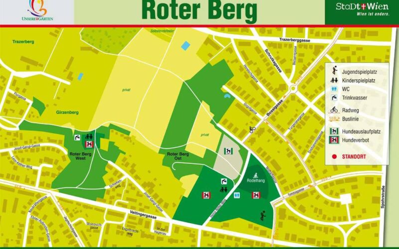 Karte des Parks Roter Berg in Wien mit Eingängen, Spazierwegen, Grünflächen, Spielplätzen, Toiletten, Trinkbrunnen und ausgewiesenen Hundezonen.