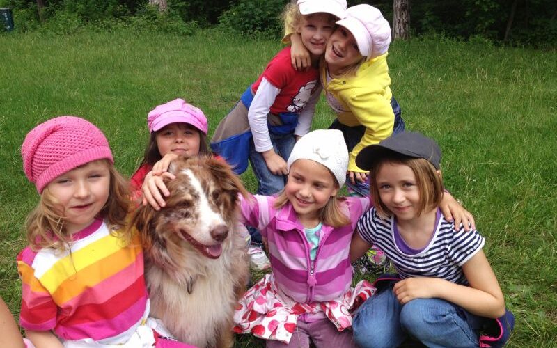 Sechs Kinder sitzen und knien im Gras, lächeln und streicheln einen braun-weißen Hund, im Hintergrund sind Bäume und Grünpflanzen zu sehen.