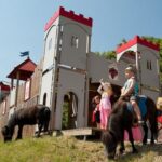 Verkleidete Kinder spielen in der Nähe eines Spielplatzes, auf dem eine Burg aufgebaut ist; ein Kind reitet auf einem Pony, und ein anderes Pony grast auf der Wiese neben ihnen.