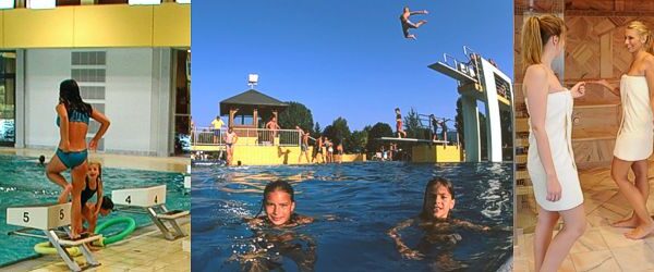 Drei Bilder nebeneinander: Kinder in einem Hallenbad, Menschen beim Tauchen und Schwimmen in einem Freibad und zwei Frauen in Handtüchern beim Betreten einer Sauna.