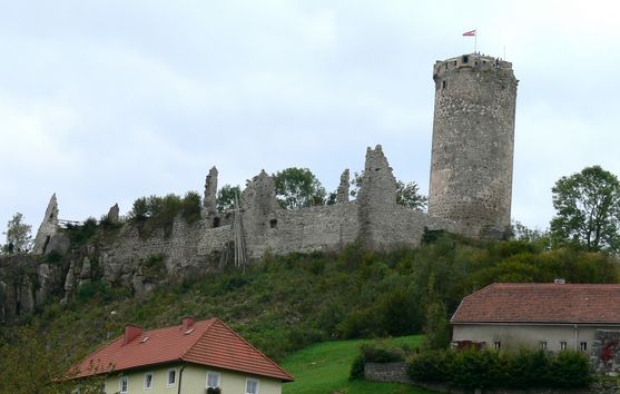 Ruinen einer Steinburg mit einem hohen runden Turm, gelegen auf einem Hügel über zwei Häusern mit roten Dächern; auf der Turmspitze weht eine Flagge.