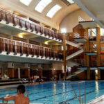 Hallenbad mit mehreren Sprungtürmen, Balkonen und Menschen, die schwimmen oder am Wasser sitzen. Das Sonnenlicht fällt durch gewölbte Fenster von oben ein.