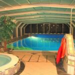 Hallenbad mit gefliestem Whirlpool, künstlicher Bepflanzung, Sicherheitsschwimmer und Kopfbrause unter einer Glasüberdachung.