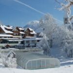 Schneebedeckte Gebäude und Bäume in einer winterlichen Dorfumgebung, mit einem Berg im Hintergrund und einem überdachten Gebäude im Vordergrund.