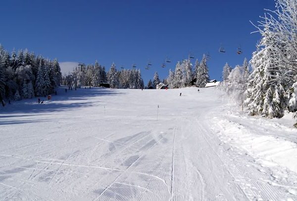 Eine schneebedeckte Skipiste mit Skispuren, umgeben von Bäumen und mehreren Skiliften im Hintergrund unter einem klaren blauen Himmel.