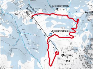 Topografische Karte mit einer rot markierten Wanderroute von Glattmar zur Unterpartnonalpe, mit beschrifteten Höhenlinien, Höhenpunkten und Orientierungspunkten.