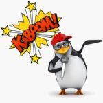 Ein Zeichentrick-Pinguin mit Brille und roter Kappe hält ein Mikrofon mit einer erhobenen Flosse; daneben ist eine „KABOOM!“-Grafik im Comic-Stil zu sehen.