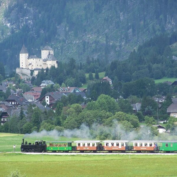 Ein Dampfzug fährt durch eine Wiese, im Hintergrund sind ein Dorf, bewaldete Hügel und eine Burg zu sehen.