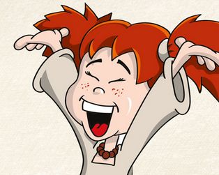 Cartoon-Mädchen mit roten Zöpfen, breit lächelnd, mit geschlossenen Augen und aufgeregt erhobenen Armen, trägt ein beiges Oberteil und eine braune Halskette.