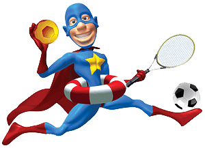 Cartoon-Superheld im blauen Anzug, rotem Umhang und gelbem Stern, der einen gelben Ball und einen Tennisschläger hält, einen Schwimmring trägt und zu seinen Füßen einen Fußball hat.