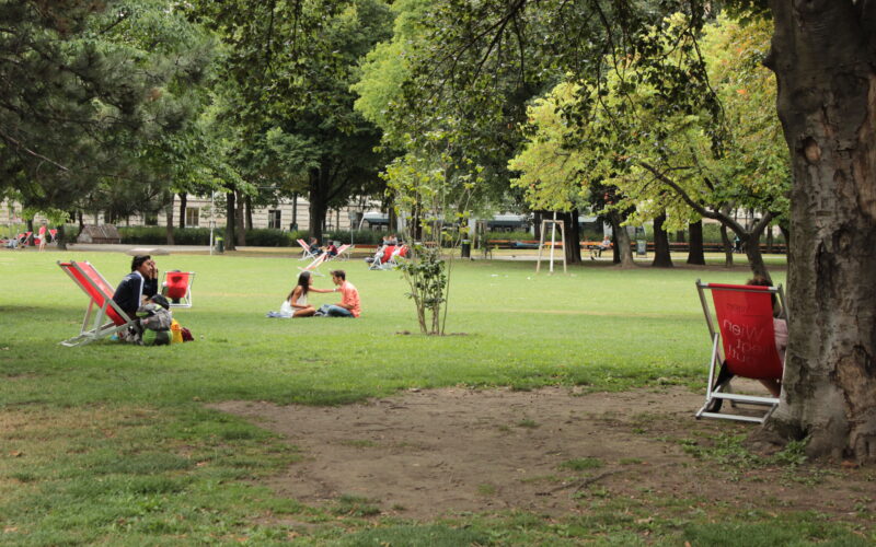 Menschen sitzen und entspannen auf Liegestühlen und Gras in einem grünen Stadtpark mit vereinzelten Bäumen und offenen Rasenflächen.