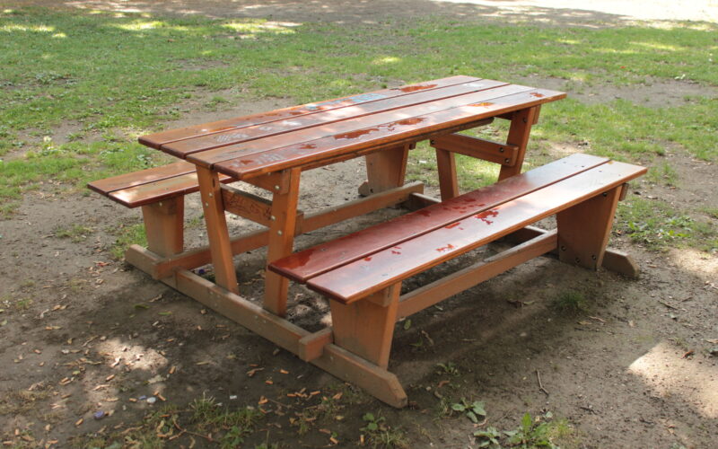 Ein hölzerner Picknicktisch mit daran befestigten Bänken steht auf einem Stück Erde und Gras im Freien.