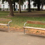 Zwei leere Holzbänke mit Metallrahmen stehen auf einem gepflasterten Weg in einem Park, umgeben von Gras, Bäumen und einigen verstreuten Blättern.