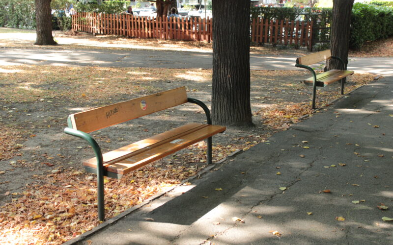 Zwei Holzbänke stehen entlang eines gepflasterten Weges in einem Park. Auf dem Boden liegen verstreut Blätter, und Bäume spenden teilweise Schatten.