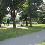 Ein gepflasterter Weg führt durch einen Park mit grünem Gras, hohen Bäumen, Bänken und einer Person, die im Schatten auf einer Bank sitzt. Im Hintergrund sind Gebäude zu sehen.