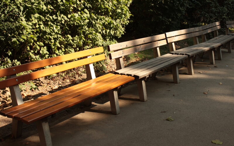 Entlang eines gepflasterten Weges in einem Park stehen mehrere leere Holzbänke, im Hintergrund grüne Sträucher und das Sonnenlicht wirft Schatten.