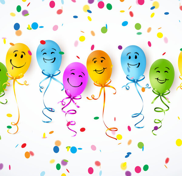 Acht bunte Ballons mit lächelnden Gesichtern schweben, an jedem ist ein Band befestigt, umgeben von buntem Konfetti auf weißem Hintergrund.