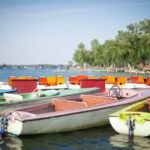 Mehrere farbenfrohe Ruder- und Tretboote liegen am Rande eines Sees vor Anker, im Hintergrund sind Bäume und Menschen am Ufer zu sehen.