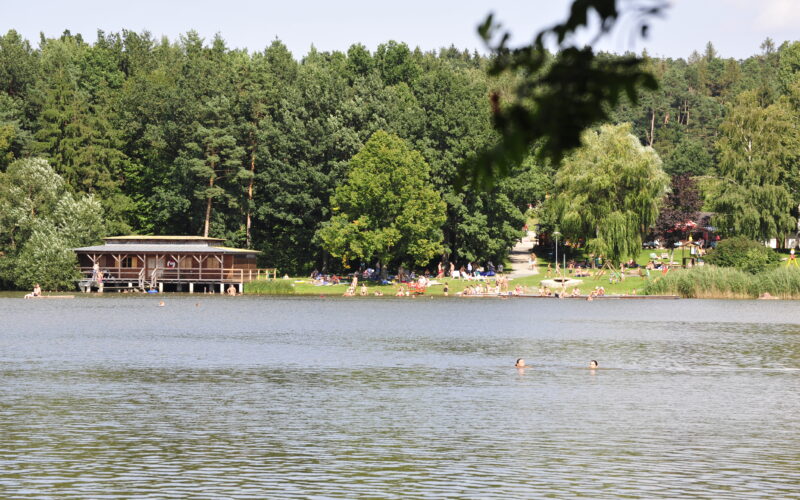 Menschen entspannen sich an einem grasbewachsenen Ufer und schwimmen in einem See mit einem Holzpavillon und dichten Bäumen im Hintergrund.