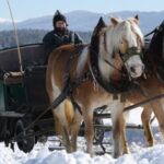 Zwei Personen fahren in einer Pferdekutsche durch eine verschneite Landschaft, mit zwei Zugpferden im Geschirr und Bergen im Hintergrund.