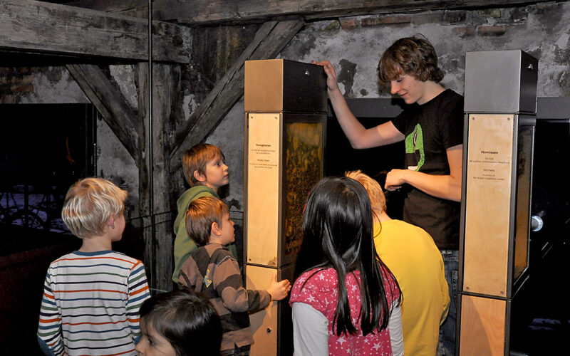 Eine Gruppe Kinder hört einem jungen Mann zu, der in einem rustikalen Holzgebäude an zwei vertikalen Anzeigetafeln etwas erklärt.
