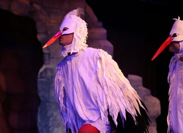 Zwei Personen in weißen Vogelkostümen mit langen orangefarbenen Schnäbeln treten auf der Bühne vor einer felsigen Kulisse auf.