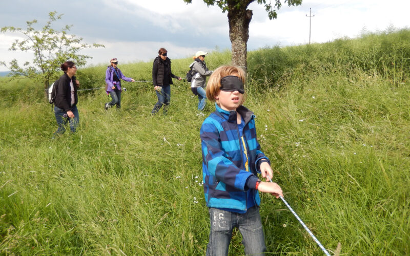 Eine Gruppe von Menschen läuft mit verbundenen Augen durch hohes Gras und hält sich an einem Seil fest, das sie führt.