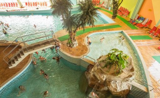 Hallenbad mit Erwachsenen- und Kinderbecken, einem kleinen künstlichen Felsen, Palmen, Liegestühlen und getrennten Beckenbereichen.