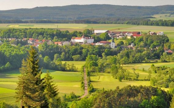 Ein kleines Dorf ist umgeben von grünen Feldern, Bäumen und bewaldeten Hügeln unter einem klaren Himmel. Eine schmale Straße führt auf das Dorf zu.