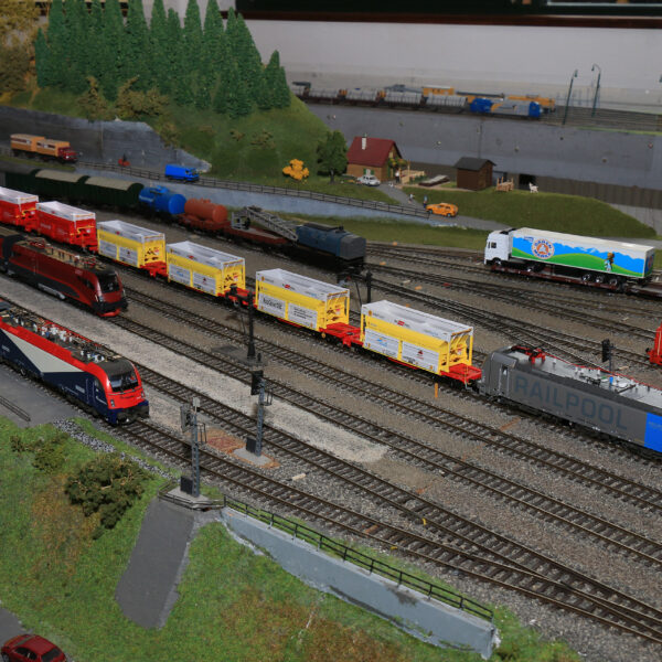 Modelleisenbahnanlage mit mehreren Gleisen, verschiedenen Modelleisenbahnen, Güterwagen und einer kleinen Grünanlage mit Bäumen und Miniaturgebäuden im Hintergrund.