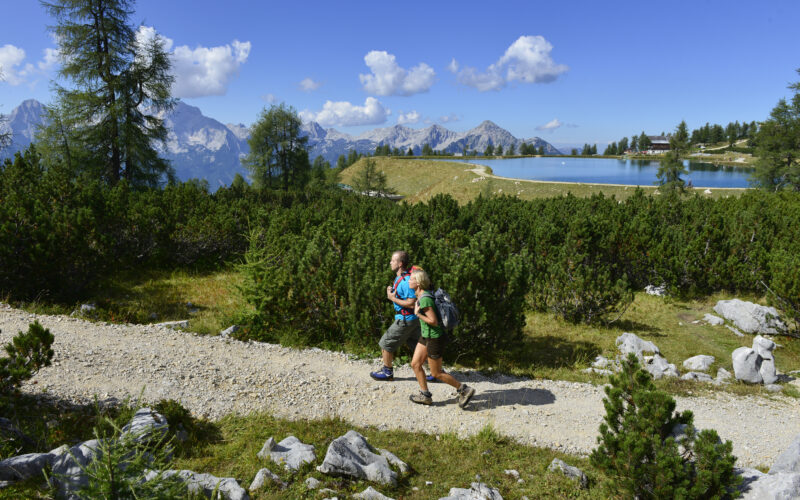 Zwei Personen wandern auf einem Schotterweg durch grüne Büsche mit Bergen, einem See und einem klaren blauen Himmel im Hintergrund.