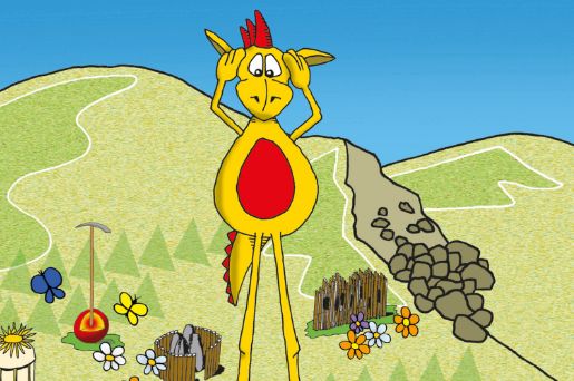 Ein gelber Comic-Drache steht mit besorgten Blicken und den Händen auf dem Kopf neben einem von Steinen, Blumen und kleinen Holzkonstruktionen gesäumten Pfad.