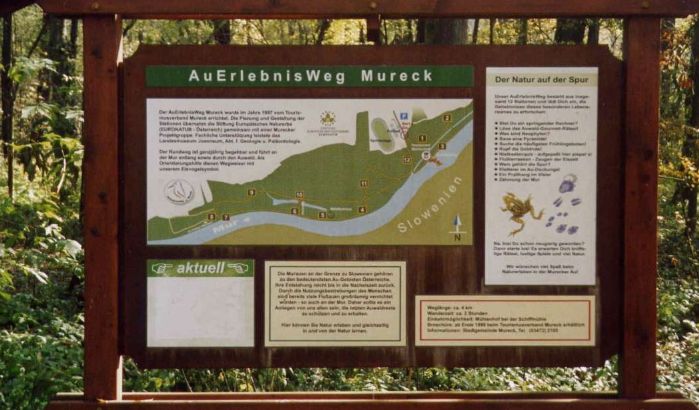 Informationstafel für den Naturlehrpfad AuErlebnisWeg Mureck mit Karte, Symbolen, aktuellen Informationen und Informationen zur heimischen Tierwelt in deutscher Sprache vor einem Waldhintergrund.