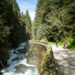 Zwei Wanderer gehen auf einem Schotterweg neben einem Fluss entlang, umgeben von dichtem grünem Wald und Sonnenlicht, das durch die Bäume fällt.