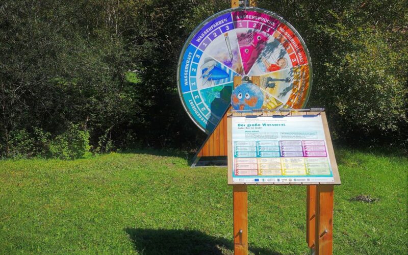 Ein buntes Spielrad und ein Informationsschild stehen im Freien auf einer Wiese mit Bäumen im Hintergrund.