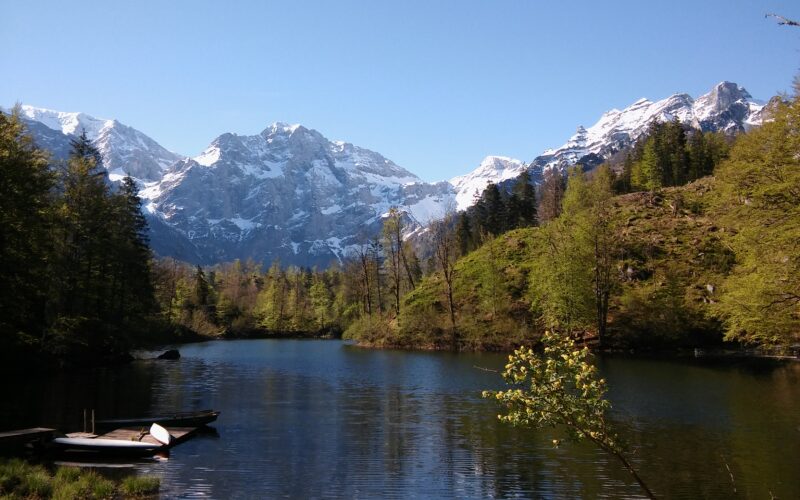 Ein ruhiger See mit zwei Holzbooten ist umgeben von Bäumen und schneebedeckten Bergen unter einem klaren blauen Himmel.