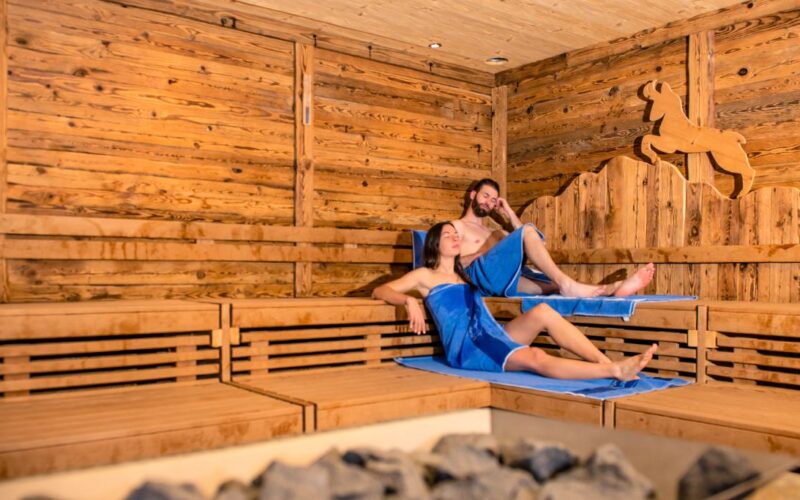 Zwei Personen in blauen Handtüchern entspannen sich auf Holzbänken in einer Sauna mit Holzwänden und einer pferdeförmigen Dekoration.