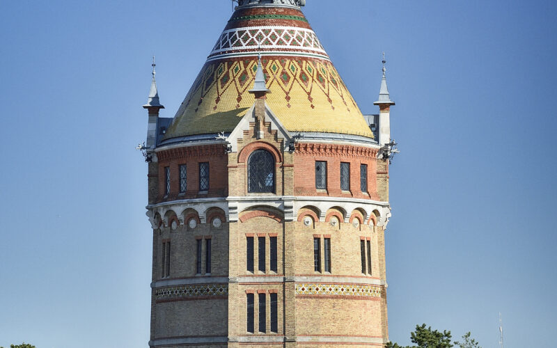 Ein hoher Ziegelstein-Wasserturm mit einem gelben Ziegeldach und kunstvollen Details, umgeben von grünen Bäumen unter einem klaren blauen Himmel.