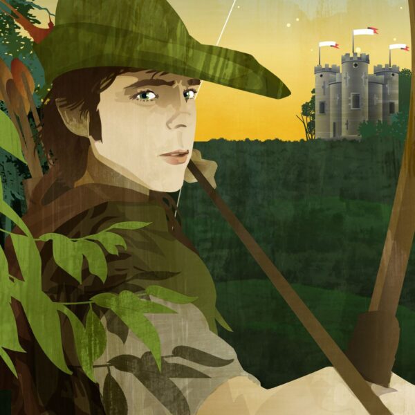 Abbildung einer Person in grüner mittelalterlicher Kleidung und Hut, die mit einem Bogen zielt, mit einem Köcher voller Pfeile und einer Burg im Hintergrund bei Sonnenuntergang.