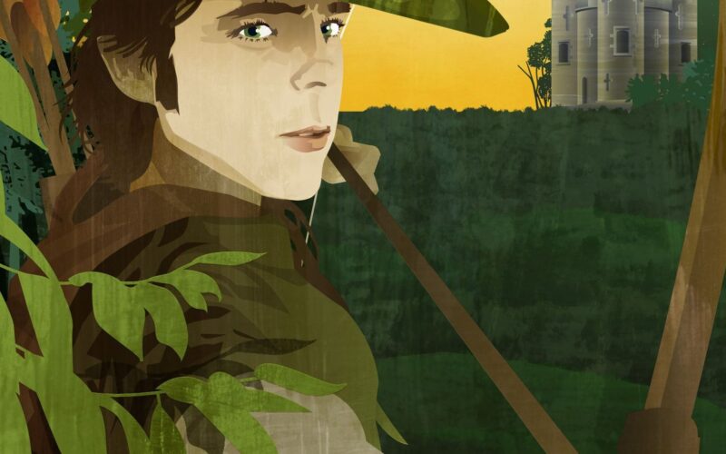 Abbildung einer Person in grüner mittelalterlicher Kleidung und Hut, die mit einem Bogen zielt, mit einem Köcher voller Pfeile und einer Burg im Hintergrund bei Sonnenuntergang.